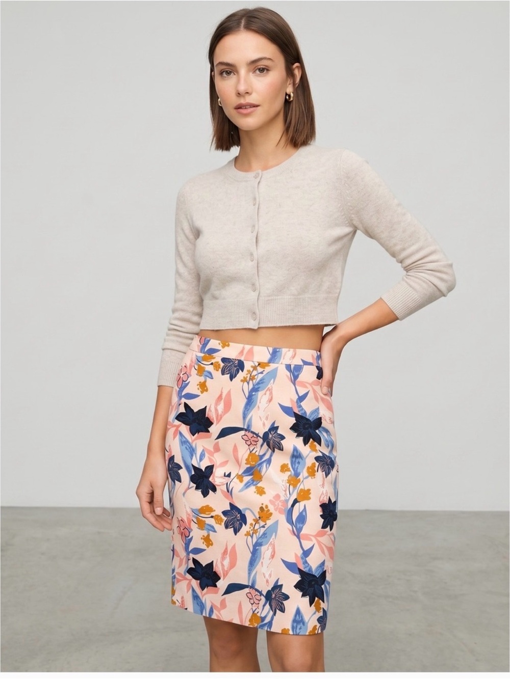 J. Crew Pink Floral Midi Pencil Skirt